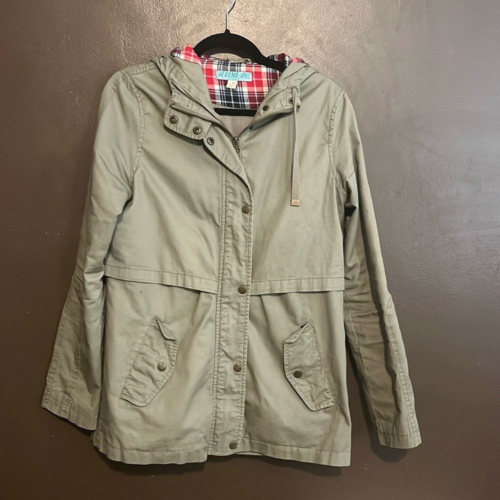Olive/Army Green women’s jacket with hood in size medium.